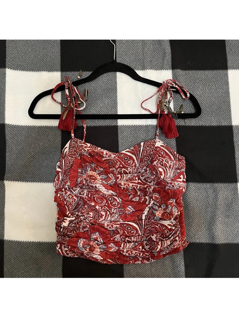Women’s XS Red Cropped Top Tassels Charms Feathers Floral Boho Festive